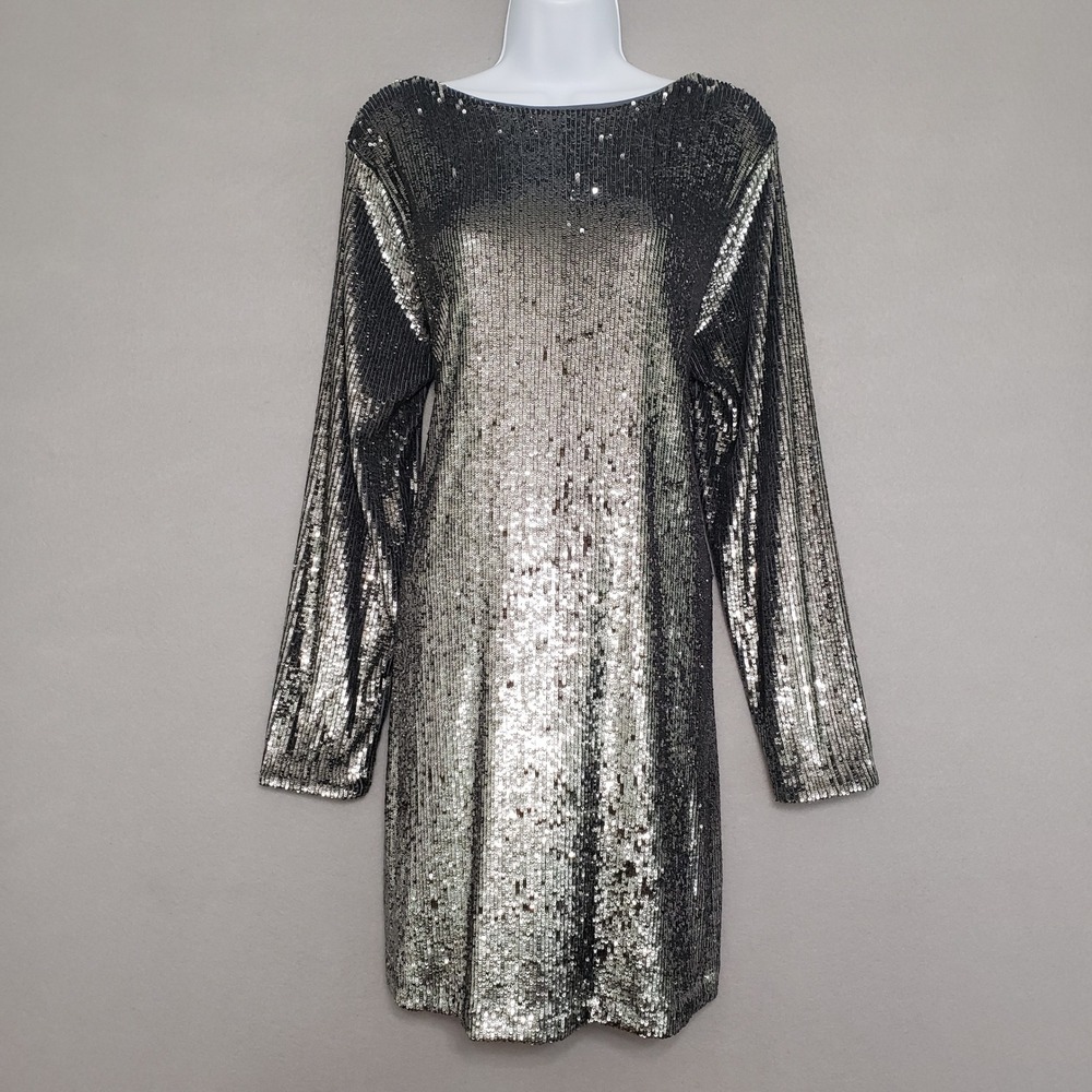 Express XL Mini Dress Silver Sequin Long Sleeve Sparkly Party Glam Night Out